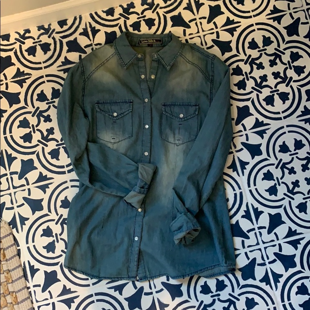 Chambray Denim Button-Down Top - image 1